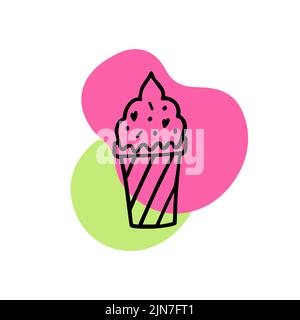 Eisbecher-Linie. Weiches Speiseeis mit rosa und grünen Flecken auf weißem Hintergrund. Süße Eiskritzeleien. Handgezeichnete Vektorgrafik. Stock Vektor