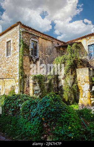 Zweistöckiges altes, rustikales Stein- und Stuckgebäude mit Weinreben im griechischen Dorf Kardamyl Stockfoto