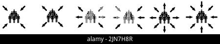Pfeile, die auf das Symbol für die Gruppe von Personen zeigen. Konzept der Teambedeutung oder -Auswahl. Version mit nach außen und nach innen gerichteten Punkten Stock Vektor