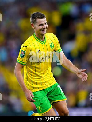 Jacob Lungi Sorensen von Norwich City feiert das zweite Tor des Spiels während des Carabao Cup, dem ersten Spiel in der Carrow Road, Norwich. Bilddatum: Dienstag, 9. August 2022. Stockfoto