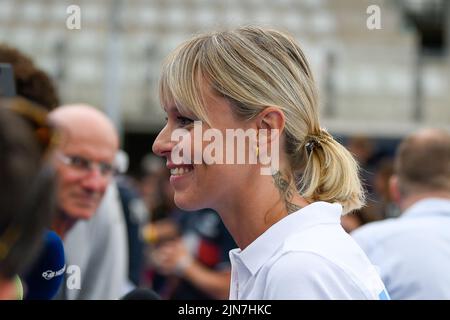 Roma, Italien. 09. August 2022. Federica Pellegrini während der Pressekonferenz zur Präsentation des italienischen Schwimmteams bei den Europameisterschaften im Schwimmen, Roma, Italia, im Stadio del Nuoto, Roma 9 Aug 2022 (Foto von AllShotLive/Sipa USA) Credit: SIPA USA/Alamy Live News Stockfoto