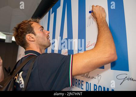 Roma, Italien. 09. August 2022. Gregorio Paltrinieri während der Pressekonferenz zur Präsentation des italienischen Schwimmteams bei den Europameisterschaften im Schwimmen, Roma, Italia, im Stadio del Nuoto, Roma 9 Aug 2022 (Foto von AllShotLive/Sipa USA) Credit: SIPA USA/Alamy Live News Stockfoto