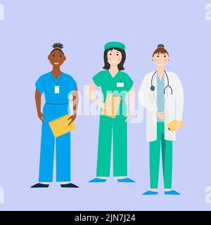 Eine Gruppe von Medizinern. Ärzte und Krankenschwestern begrüßen die Patienten. Vektorgrafik. Stock Vektor