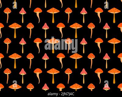 Nahtlos verarbeittes Pilzmuster. Pilze mit roten Kappen auf schwarzem Hintergrund. Toadstools, giftige Pilze und Fliegenpilze. Design für Poster, Banner Stock Vektor