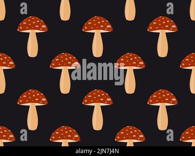 Amanita Muscaria rot nahtloses Muster. Pilze mit roten Mützen fliegen agarisch. Design für Poster, Banner und Werbeartikel. Vektorgrafik Stock Vektor