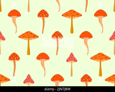 Nahtlos verarbeittes Pilzmuster. Verschiedene Pilze, essbar und krönen. Giftige Pilze und halluzinogene Fliege agarisch. Design für Banner und Promot Stock Vektor