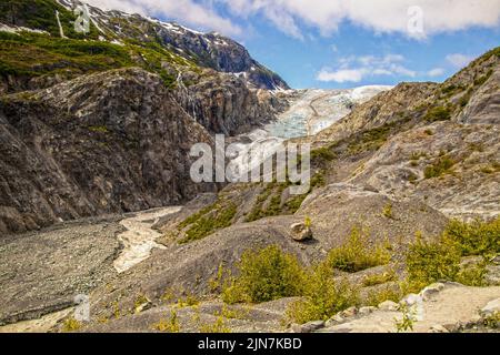 Blick auf den Exit Glacier auf der Kania Halbinsel Alaska USA, wo er am Anfang eines geflochtenen Flusses aufgeht Stockfoto
