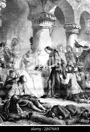 Gravur des Erzbischofs François de Salignac de la Mothe-Fénelon, der nach der Schlacht von Malplaquet zu den Verwundeten Frankreichs tendiert. Die Schlacht fand am 11. September 1709 während des Spanischen Erbfolgekrieges zwischen einer französischen Armee unter dem Kommando des Herzogs von Villars und einer Großallianz unter dem Herzog von Marlborough statt. Stockfoto