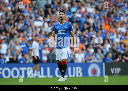 Glasgow, Großbritannien. 09. August 2022. Die Rangers veranstalten Union Saint-Gilloise (USG) in der zweiten Etappe der Champions League am Dienstag, den 9. August, in ihrem Heimatstadion Ibrox – der Verlierer des Gleichstand wird in die Gruppenphase der Europa League gehen. In der ersten Runde verloren die Rangers mit Toren von Teddy Teuma und Danta Vanzeir 2 - 0. Kredit: Findlay/Alamy Live Nachrichten Stockfoto