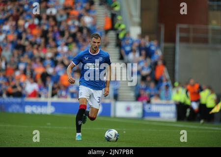 Glasgow, Großbritannien. 09. August 2022. Die Rangers veranstalten Union Saint-Gilloise (USG) in der zweiten Etappe der Champions League am Dienstag, den 9. August, in ihrem Heimatstadion Ibrox – der Verlierer des Gleichstand wird in die Gruppenphase der Europa League gehen. In der ersten Runde verloren die Rangers mit Toren von Teddy Teuma und Danta Vanzeir 2 - 0. Kredit: Findlay/Alamy Live Nachrichten Stockfoto