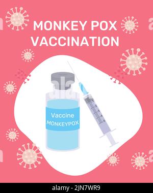 Impfung gegen Monkeypox-Virus. Eine Flasche mit einem Impfstoff zur Immunisierung und einer Spritze zur Blutentnahme. Ausbruch der Pandemie von Monkeypox. Monkeypox Stock Vektor