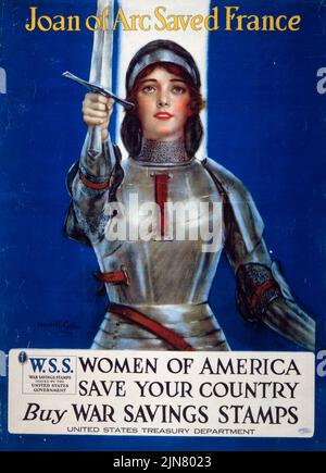 Jeanne d'Arc rettete Frankreich, Frauen von Amerika, rette dein Land, Kauf Kriegssparmarken (1918) Poster aus der Zeit des Ersten Weltkriegs von Haskell Coffin Stockfoto