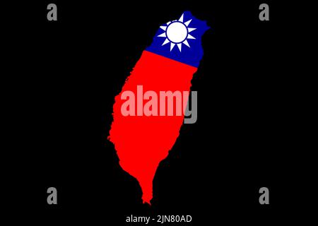 Defokussieren Sie die Flagge Taiwans, die offiziellen Farben und das richtige Verhältnis. Flagge Taiwans. Taiwan-Karte. Demokratie. Schwarzer Hintergrund. Krieg zwischen China und Ta Stockfoto
