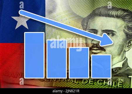 Wirtschaftsdiagramm: Abwärtspfeil, Barzahlung chilenischer Pesos und Chile-Flagge Stockfoto