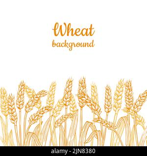 Weizenohr Gold Skizze Rand Hintergrund. Landwirtschaftliche lineare Goldmehlproduktion. Getreide Reifen Spike Rahmen horizontales Muster. Design-Vorlage Farm Schablone, Bio-Brot, Bier-Vektor Stock Vektor
