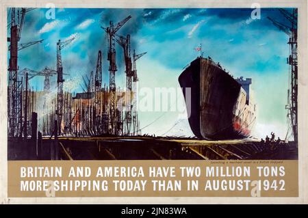 Großbritannien und Amerika haben zwei Millionen Tonnen mehr Schifffahrt als im August 1942 (1939-1946) Plakat aus der Zeit des Zweiten Weltkriegs von Rowland Hilder Stockfoto