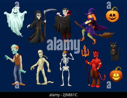 Cartoon gruselige Halloween Charakter Persönlichkeiten. Vektorgeist, grimmiger Schnitter, Hexe auf Besen oder Vampir und Jack-o-Laterne. Kürbis mit Zombie, Mama und Skelett in Hut mit Teufel oder Dämon isoliert gesetzt Stock Vektor