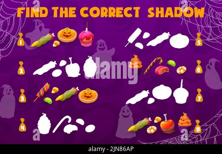 Schatten passende Spiel von Halloween Urlaub Süßigkeiten und Süßigkeiten. Kinder Puzzle oder Logik Rätsel Arbeitsblatt mit Cartoon Trick or treat Food. Bildung Spiel der passenden Kürbis Kuchen, Lutscher, Hexenfinger Stock Vektor