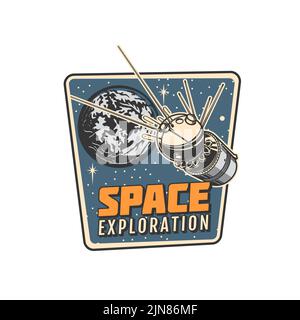 Symbol für Weltraumforschung. Planeten und Sterne Exploration vintage Emblem, Astronomie Wissenschaft Programm Retro-Abzeichen oder Luft-und Raumfahrt Mission Vektor-Symbol mit Erde Planeten, Sterne und künstlichen Satelliten Stock Vektor