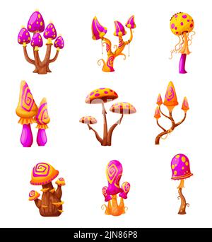 Fantasy Fee magische Pilze, Cartoon-Vektor-Pilze. Isolierte außerirdische ungewöhnliche Pflanzen mit bizarren Stipes und seltsamen Kappen. Natürliche Märchenpilze Spielvermögen, halluzinogene giftige Pilze gesetzt Stock Vektor