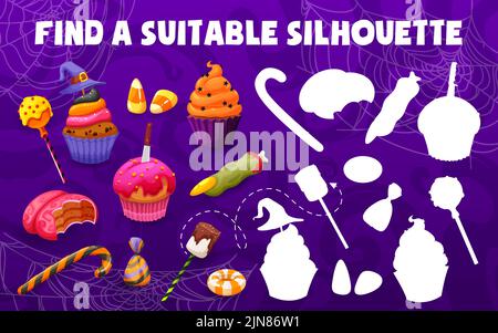 Finde eine passende Silhouette von Halloween-Süßigkeiten und Süßigkeiten. Vektor-Spiel oder Puzzle-Arbeitsblatt mit Spiel und verbinden Trick or Treat Lutscher, Kuchen, Süßigkeiten Mais, Hexenfinger Cookies, Cupcakes Stock Vektor