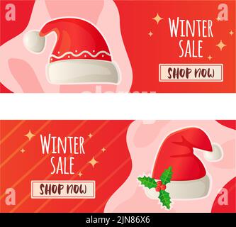 Rotes Winterbanner-Set mit Weihnachtshut Stock Vektor