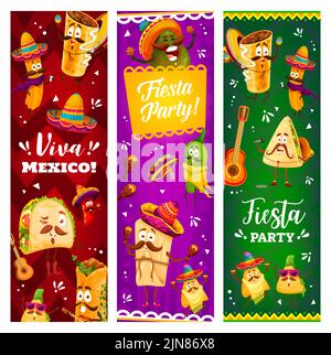Cartoon mexikanische Charaktere auf Fiesta-Party. Lustige Tacos und Quesadilla, Jalapeno, Tamales und Nachos, Churros, Chili-Pfeffer und Burrito, Enchilados glücklich niedlichen Charakteren in Sombrero Hut Stock Vektor