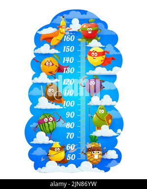 Cartoon Früchte Superhelden Kinder Höhe Chart, Wachstum Meter Lineal. Vektor-Wandaufkleber mit Cartoon lustige Banane, Birne und Wassermelone, Pflaume, Kiwi, Orange und Apfel, Ananas-Figuren auf Wolken Stock Vektor