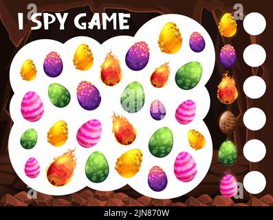 Cartoon Dinosaurier Eier in Höhle, Vektor I Spion Spiel Speicher Rätsel oder Labyrinth Arbeitsblatt. Das Arbeitsblatt mit dem Aufklärungsspiel mit bunten Dinosaurier- oder Dracheneiern, T-rex oder Triceratops Dino Stock Vektor
