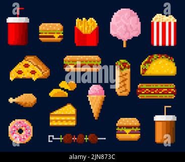 Retro 8bit Pixel Kunst zum Mitnehmen Fast Food, Getränke und Dessert-Ikonen. Pixel Game Piktogramme von Soda, Hamburger und pommes frites, Pizza, Hot Dog und Chips, Kuchen, Eis und Kaffee, Burrito, Grill Stock Vektor