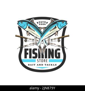 Vektor-Symbol für den Fischladen mit gekreuzten Thunfischfischen und Spinnruten für Fischer. Angeln Sportruten mit Haken, Köder oder Köder, Linien und Rollen mit Meer- oder Meerwasserfischen, Angelausrüstung Shop-Design Stock Vektor
