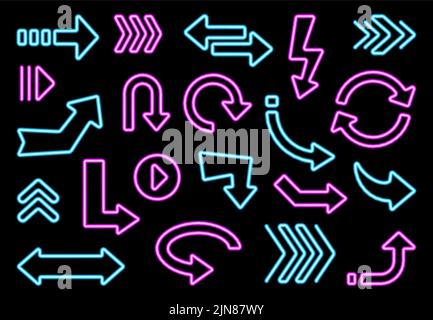 Leuchtende Neonschilder, Pfeile und Zeiger. Leuchtendes Blau und Violett Licht Retro Zeiger, Benutzeroberfläche Navigation, links, rechts und Rücklauf beleuchtete Schilder. Straßennavigationspfeilschilder Stock Vektor