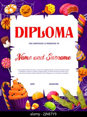 Halloween Kinder Diplom, Urlaub Süßigkeiten, Süßigkeiten und Spinnweben Vektor-Zertifikat. Schulabschluss, Abschlusszeugnis, Auszeichnung oder Geschenk im Rahmen von Trick or Treat Kuchen, Zuckermais, Lutscher Stock Vektor