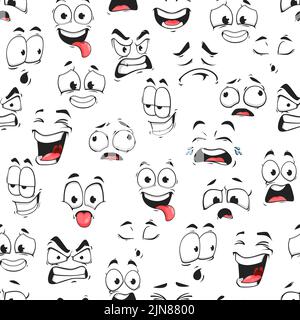 Cartoon-Gesicht und Emoji-Zeichen Vektor nahtlose Muster. Emoticons mit verschiedenen Mimik und Emotionen Hintergrund von Comic-Gesichtern mit glücklichen, niedlichen und traurigen Lächeln, zornigen Augen und Weinen Stock Vektor
