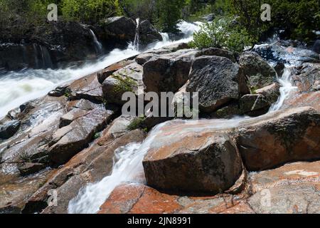 Der Middle Popo Agie River fließt durch den Sinks Canyon State Park in der Nähe von Lander, Wyoming. Stockfoto