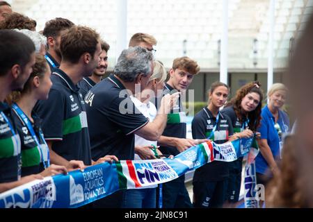 Rom, Italien. 09. August 2022. Die Konferenz der italienischen Nationalmannschaft und die Einweihung mit dem Schneiden des Bandes. (Foto von Gabriele Pallai/Pacific Press) Quelle: Pacific Press Media Production Corp./Alamy Live News Stockfoto