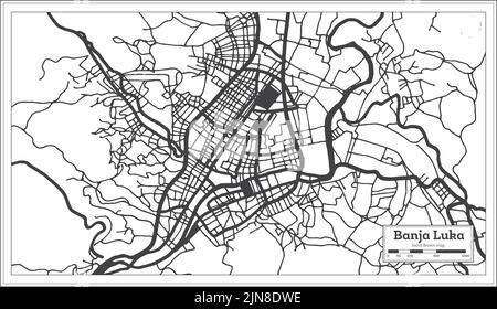 Banja Luka Stadtplan von Bosnien und Herzegowina in Schwarz und Weiß Farbe im Retro-Stil isoliert auf Weiß. Übersichtskarte. Vektorgrafik. Stock Vektor