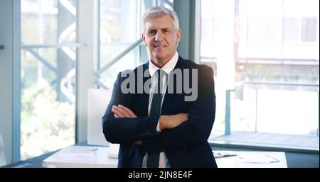 Man kommt nirgendwo hin, wenn man einfach aufgibt. Porträt eines reifen Geschäftsmannes, der in einem Büro steht. Stockfoto