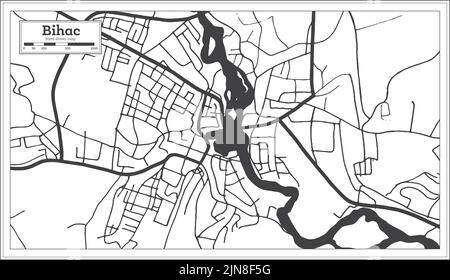 Bihac Stadtplan von Bosnien und Herzegowina in Schwarz und Weiß Farbe im Retro-Stil isoliert auf Weiß. Übersichtskarte. Vektorgrafik. Stock Vektor