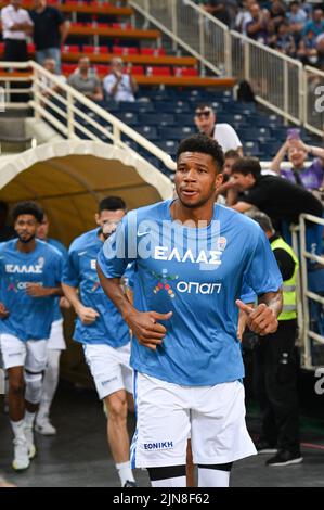 Athen, Griechenland. 09. August 2022. GIANNIS ANTETOKOUNMPO #34 von der griechischen Basketballmannschaft reagierte während des Freundschaftsspiel zwischen der griechischen Nationalmannschaft und der spanischen Nationalmannschaft im OAKA-Stadion am 9. August 2022 in Athen, Griechenland. Kredit: Unabhängige Fotoagentur/Alamy Live Nachrichten Stockfoto