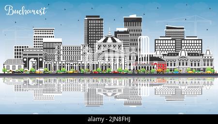 Bukarest Rumänien City Skyline mit farbigen Gebäuden, blauem Himmel und Reflexionen. Vektorgrafik. Bucharest Stadtbild mit Wahrzeichen. Stock Vektor