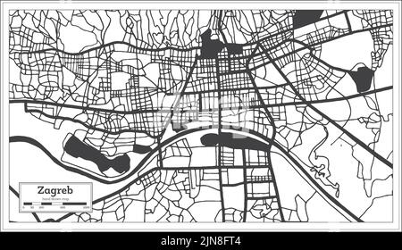 Zagreb Kroatien Stadtplan in Schwarz und Weiß Farbe im Retro-Stil isoliert auf Weiß. Übersichtskarte. Vektorgrafik. Stock Vektor