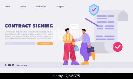 Landing Page zur Vertragsunterzeichnung. Geschäftspartner Handshaking nach einem guten Deal. Geschäftstreffen, Unternehmenspartnerschaft, Händeschütteln, Vereinbarung während der Verhandlung Line Art flacher Vektor-Webbanner Stock Vektor