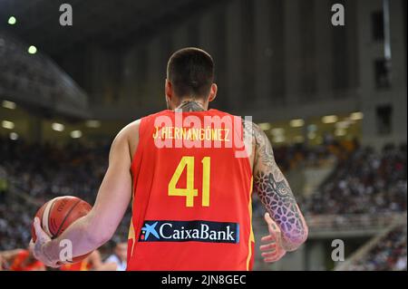 JUANCHO HERNANGOMEZ #41 des spanischen Basketballteams reagieren während des Freundschaftsspiel zwischen der griechischen Nationalmannschaft und der spanischen Nationalmannschaft bei OAKA Stockfoto