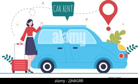 Autovermietung, Reservierung und gemeinsame Nutzung mit Service Mobile Anwendung mit Route oder Punkte Lage in Hand gezeichnet Cartoon flache Illustration Stock Vektor