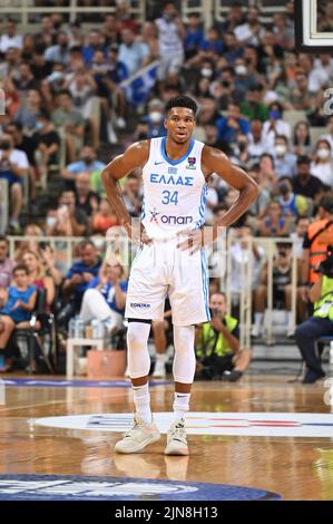 Athen, Griechenland. 09. August 2022. GIANNIS ANTETOKOUNMPO #34 von der griechischen Basketballmannschaft reagierte während des Freundschaftsspiel zwischen der griechischen Nationalmannschaft und der spanischen Nationalmannschaft im OAKA-Stadion am 9. August 2022 in Athen, Griechenland. Kredit: Unabhängige Fotoagentur/Alamy Live Nachrichten Stockfoto