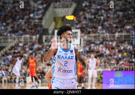 TYLER DORSEY #2 von der griechischen Basketballmannschaft reagieren während des Freundschaftsspiel zwischen der griechischen Nationalmannschaft und der spanischen Nationalmannschaft im OAKA Stadium Stockfoto