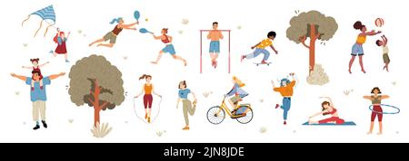 Menschen Outdoor-Aktivitäten, Männer, Frauen, Familienfiguren spielen Badminton, Kite, Sport und Yoga-Übungen, Reiten Skateboard und Fahrrad, Eltern Spaß mit Kindern, Line Art flache Vektor Illustration Stock Vektor