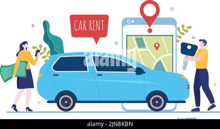 Autovermietung, Reservierung und gemeinsame Nutzung mit Service Mobile Anwendung mit Route oder Punkte Lage in Hand gezeichnet Cartoon flache Illustration Stock Vektor