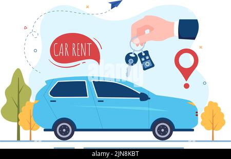 Autovermietung, Reservierung und gemeinsame Nutzung mit Service Mobile Anwendung mit Route oder Punkte Lage in Hand gezeichnet Cartoon flache Illustration Stock Vektor